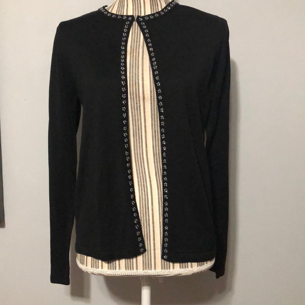 August Silk 100% Silk Black Open Cardigan with embellished trim Small
